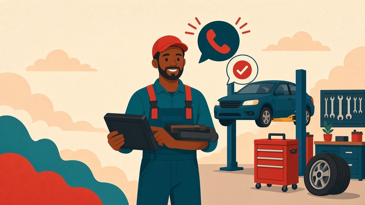 Illustration of a smiling mechanic working on a car while our AI receptionist answers the ringing phone