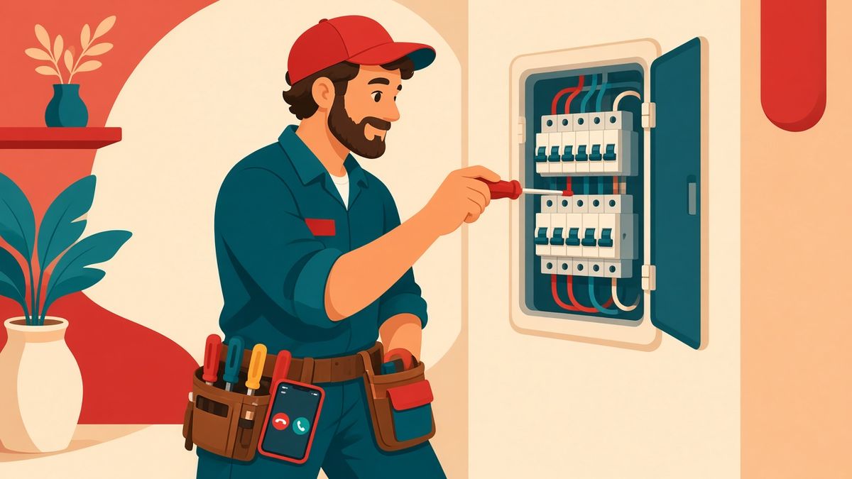 Illustration of a smiling electrician working on a panel while our AI receptionist answers the ringing phone