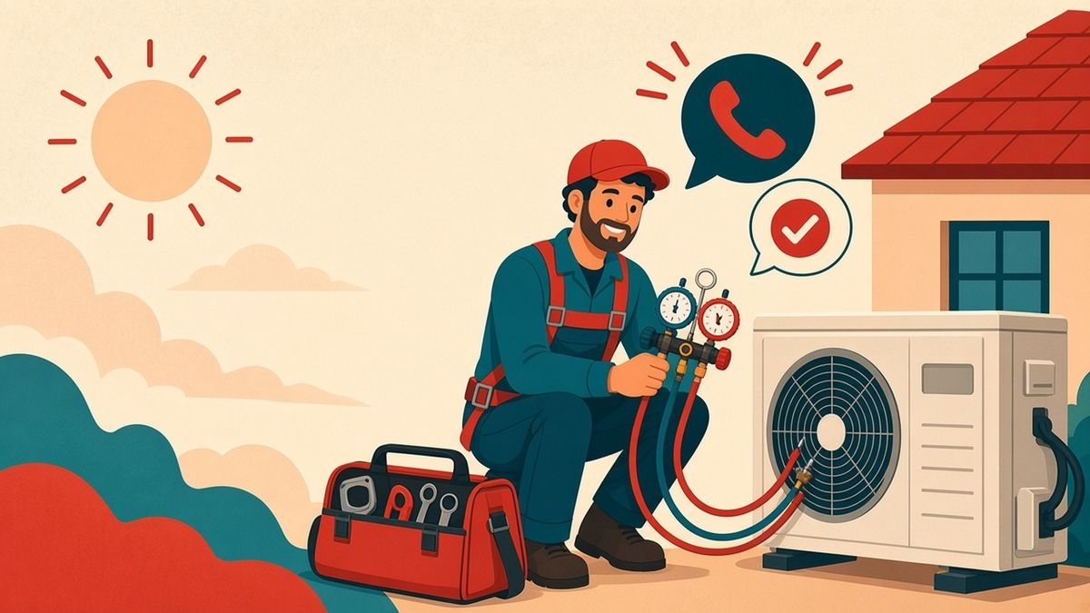 Illustration of a smiling HVAC tech servicing an AC unit while our AI receptionist answers the ringing phone