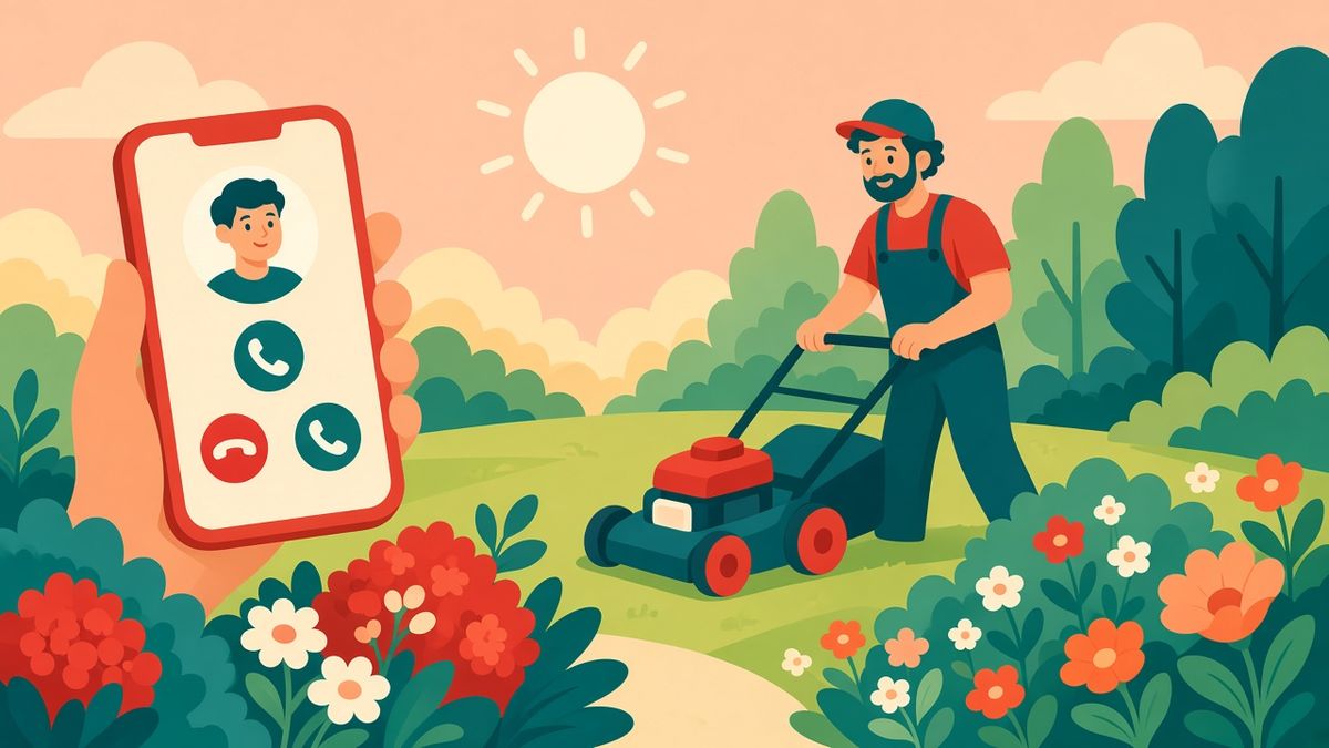 Illustration of a smiling landscaper mowing a lawn while our AI receptionist answers the ringing phone