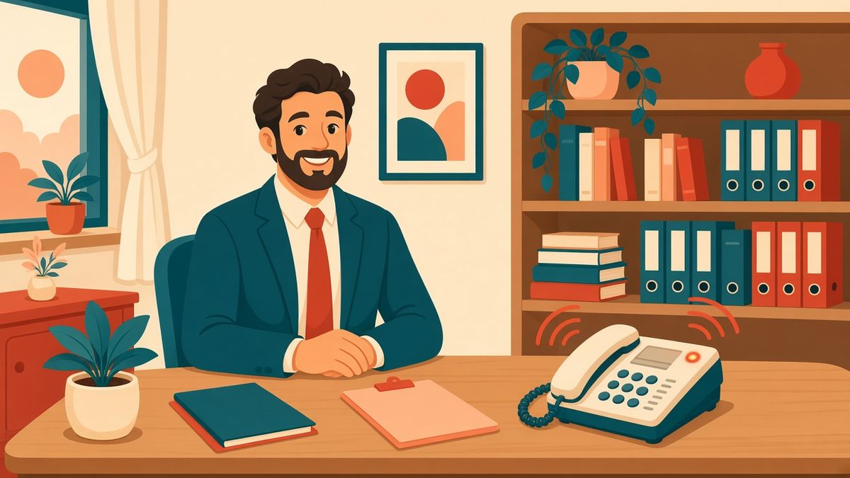 Illustration of a smiling lawyer at her desk while our AI receptionist answers the ringing phone