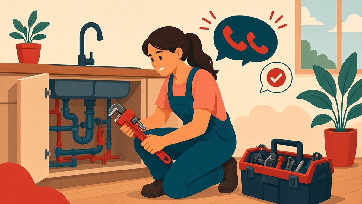 Illustration of a smiling plumber fixing pipes while our AI receptionist answers the ringing phone