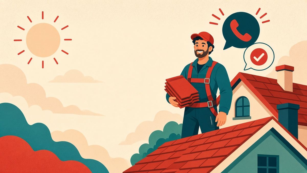 Illustration of a smiling roofer at work on a roof while our AI receptionist answers the ringing phone