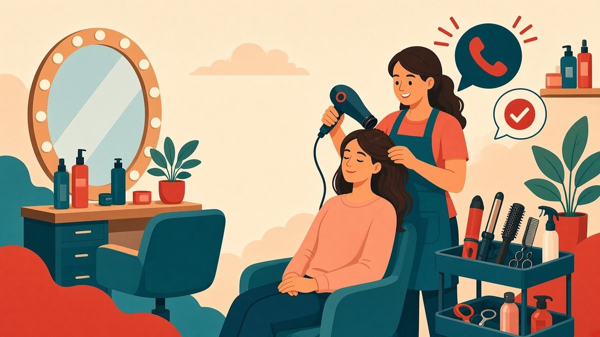 Illustration of a smiling stylist at her styling station while our AI receptionist answers the ringing phone