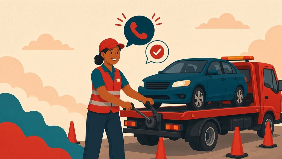 Illustration of a smiling tow truck driver hooking up a car while our AI receptionist answers the ringing phone